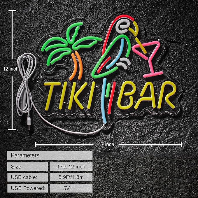 Tiki Bar Neon Sign for Wall Décor Dimmable LED Parrot Palm Tree Cocktails Signs - Image 3