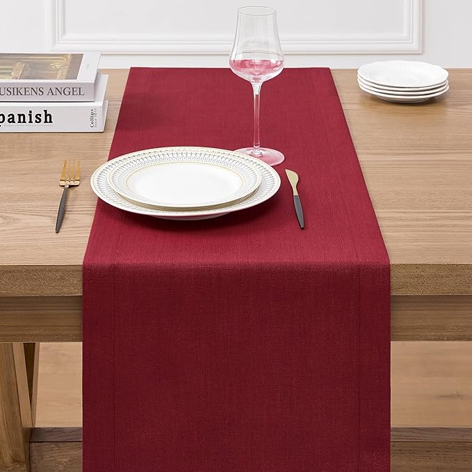 ZeeMart Linen Textured Border Table Runner, 14 x 108 Inch Red, Farmhouse Style - Image 3