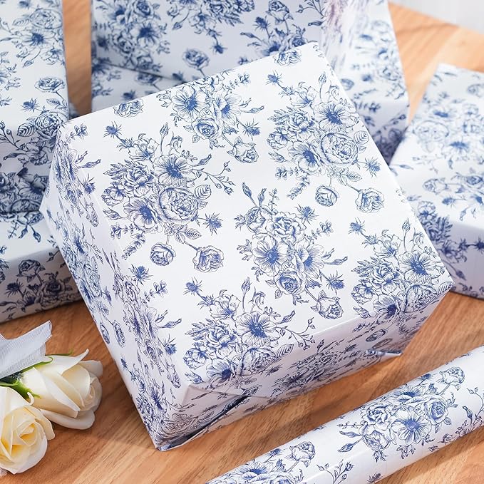 Ulmasinn Blue Floral Wrapping Paper Roll - Image 5