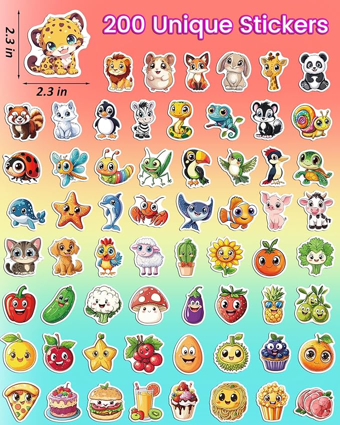 JCFIRE 200PCS Stickers for Kids, Waterproof Cute Mixed Animal Food Vinyl - Image 6