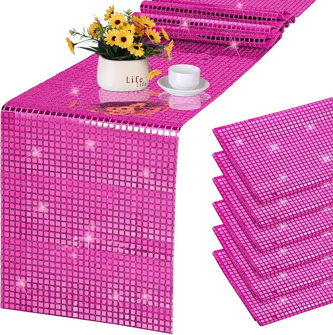 Durony 6 Pack Disco Table Runner 11 x 108 Inch Mirror Hot Pink Glitter Foil by durony