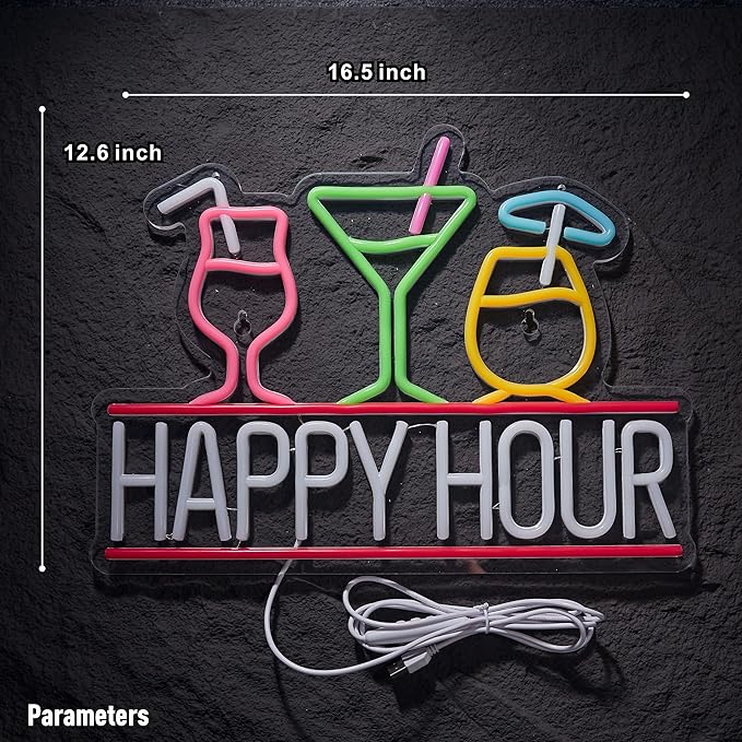 Happy Hour Neon Sign for Wall Decor Beer Bar Signs, USB Powered Dimmable LED - Image 5