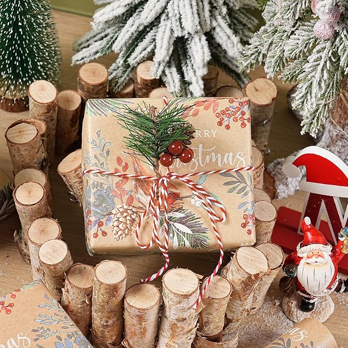 RUSPEPA Kraft Christmas Wrapping Paper Roll, Mini Roll, Vintage Bird on Pine - Image 4