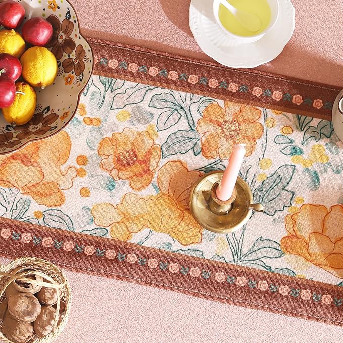 Designer Vintage Orange Floral Small Table Runner, French Farmhouse Soft Linen - Image 4