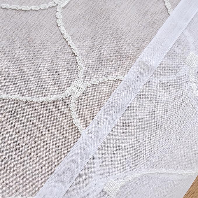 Embroidered Wave Diamond Sheer Curtains White 95 Inches, Window Treatments Rod - Image 9