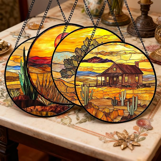 Stained Glass Window Hanging 4 Pcs Set Desert Sunset Theme Landscape Large 11.8" - Image 2
