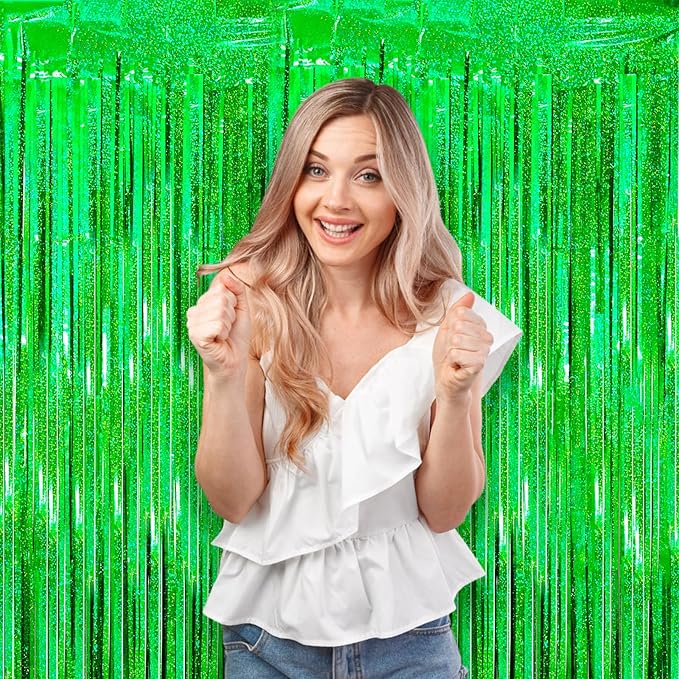 2 Pack Laser Green Tinsel Foil Fringe Curtains, Metallic Tinsel Party Streamers - Image 8