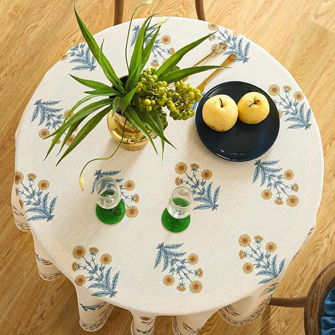 ISAENNE Designer French Pale Yellow Round Tablecloth, Linen Floral Table Cloth - Image 3