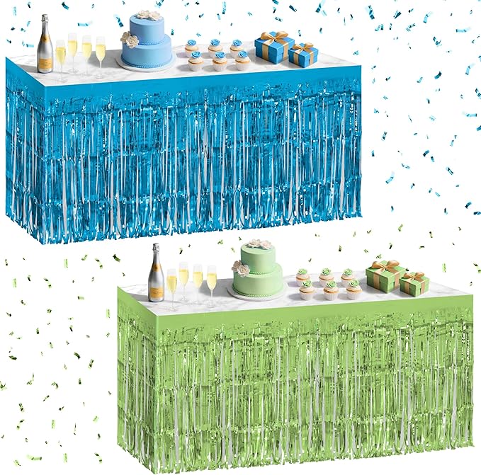 2 Pack Lake Blue Lime Green Table Skirts, 29x108" Metallic Foil Tinsel Fringe by Unknown