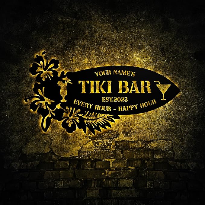 Personalized Tiki Bar Decor LED Tin Metal Sign Wall Art, Backyard Grill Pool - Image 2