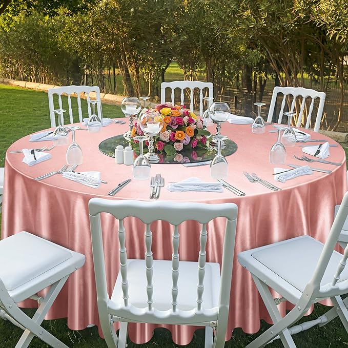 Ruisita 120 Inches Round Satin Tablecloths Rose Gold Overlay Round Satin Table - Image 6
