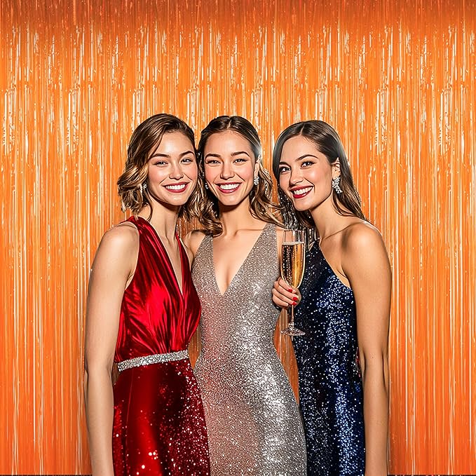 BTSD-home Orange Foil Fringe Curtain, Metallic Photo Booth Backdrop Tinsel Door - Image 2