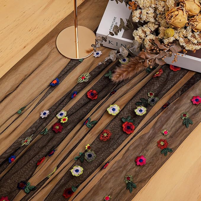 BINBE 6pcs Black Daisy Fall Table Runner Embroidery Gauze 10FT Florals Seasonal - Image 4