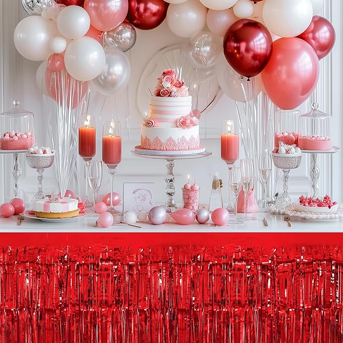 2 Pack Red Table Skirts, 29x108" Metallic Foil Tinsel Fringe Table Skirts - Image 5