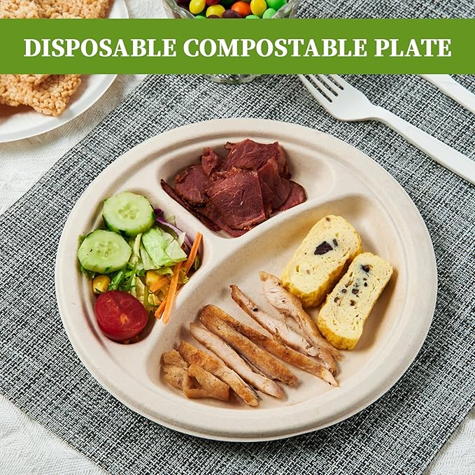 ECOLipak 125 Pack 3 Compartment Plates Disposable, 10 inch Heavy-Duty - Image 5