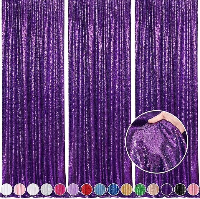 Purple Backdrop Curtins Sequin Fabric 3 Panels Background Drapes 2FT x 8FT by QueenDream