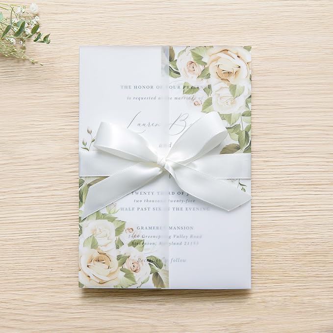 PONATIA 50PCS Vellum Jackets for 5x7 Invitation Cards- 135GSM Champagne Flowers - Image 8