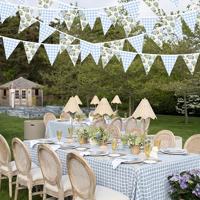 32Ft Blue Flora Party Decorations Blue Gingham HydrangeaTriangle Flag Fabric - Image 5
