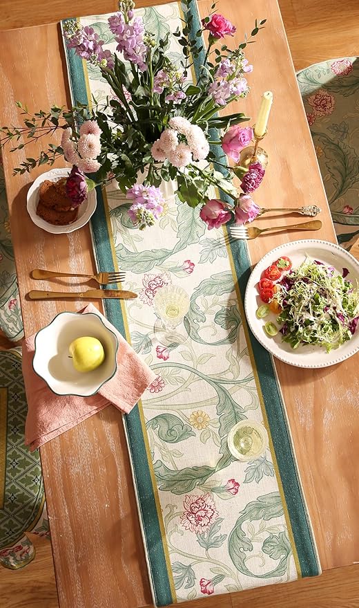 patdrea Designer Green Floral Table Runner, French Elegant Vibrant Rustic Linen - Image 7