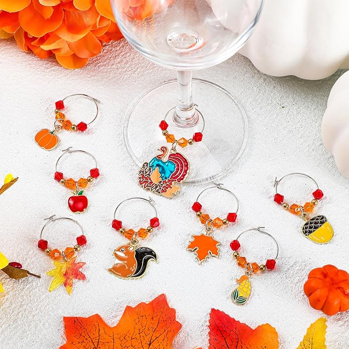 Sasylvia 8 Pieces Thanksgiving Fall Wine Glass Charms Fall Glass Markers - Image 5