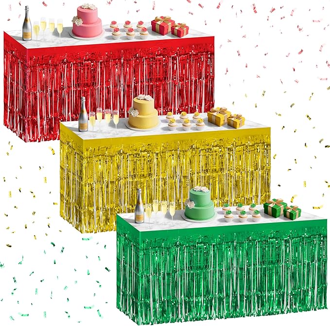 3 Pack Red Green Gold Table Skirts, 29x108" Metallic Foil Tinsel Fringe Table by Unknown
