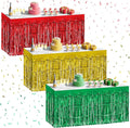 3 Pack Red Green Gold Table Skirts, 29x108" Metallic Foil Tinsel Fringe Table by Unknown