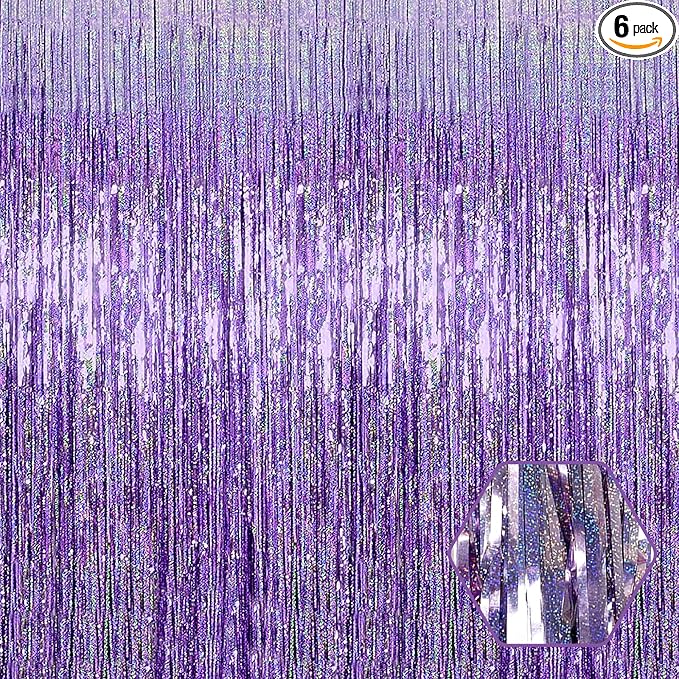 6 Pack Light Purple Foil Fringe Curtain Backdrop, 3.28Ft x 8.2Ft Metallic by Ferwzsr