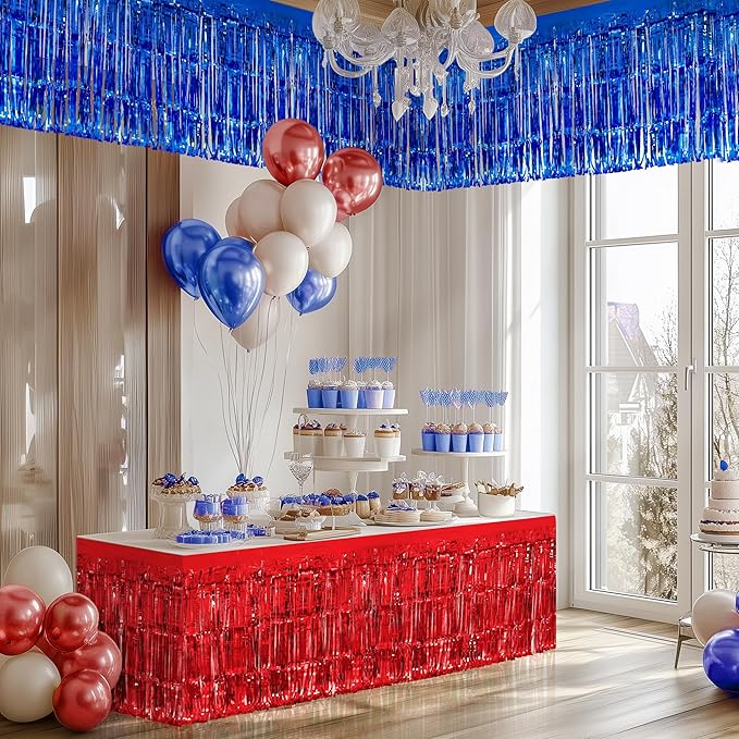 2 Pack Red Dark Blue Table Skirts, 29x108" Metallic Foil Tinsel Fringe Table - Image 7