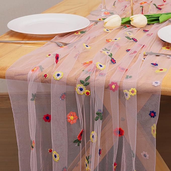 BINBE 3pcs Pink Daisy Fall Table Runner Embroidery Gauze 10FT Florals Seasonal - Image 3