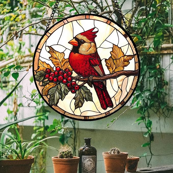 Stained Glass Window Hanging, Birds on a Branch Cardinal Sun Catchers Diamond - Image 2
