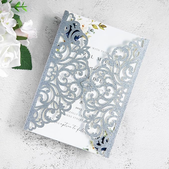 20Pcs Silver Glitter Laser Cut Invitation Cards - Image 3