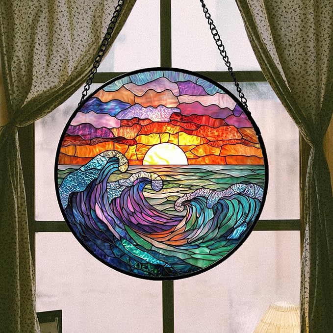 Stained Glass Window Hanging, Clouds and Sea Waves Suncatcher Diamond Glass - Image 3