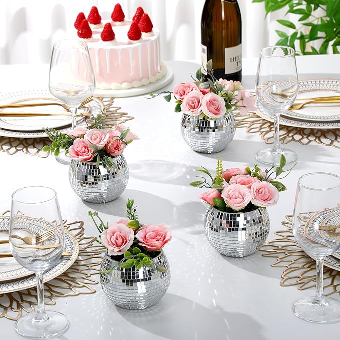 Jinei 12 Pcs Disco Vases Bulk Silver Mirror Disco Ball Flower Glass Ball - Image 4