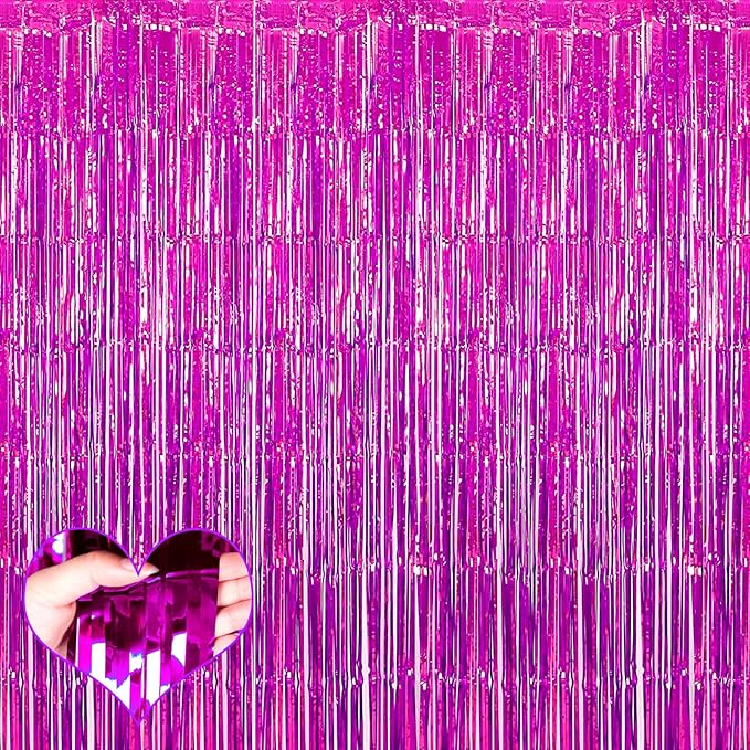 4 Pack Fuchsia Fringe Curtain Backdrop, 3.2Ft x 6.6Ft Metallic Tinsel Foil by Mebiornt