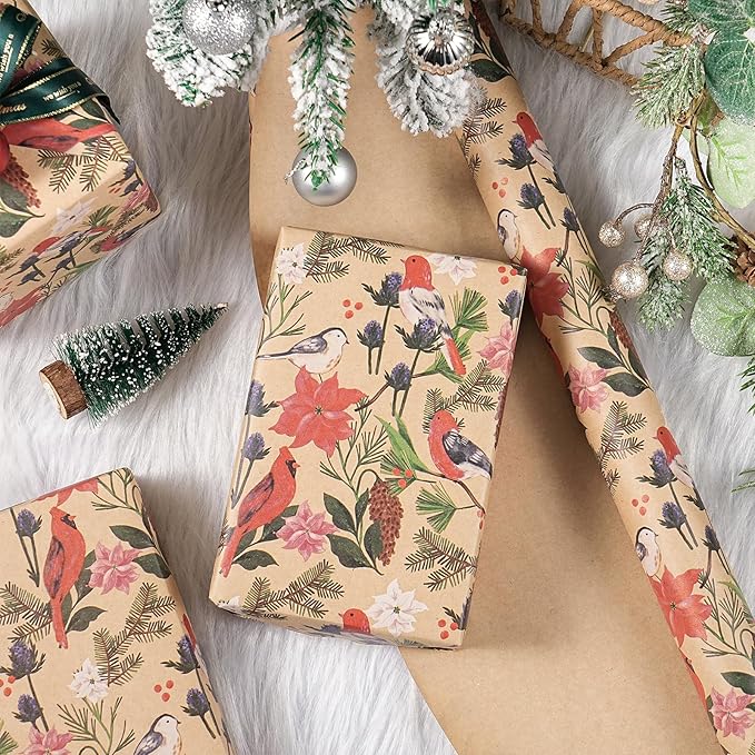 RUSPEPA Kraft Christmas Wrapping Paper Roll, Mini Roll, Watercolor Bird and - Image 5