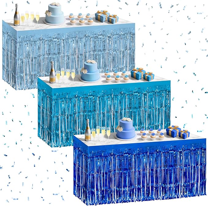 3 Pack Blue Series Table Skirts, 29x108" Metallic Foil Tinsel Fringe Table Skirt by Unknown