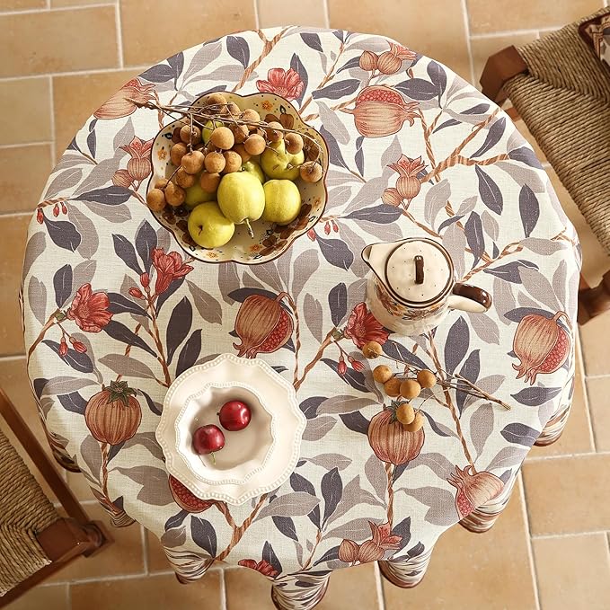patdrea Designer Linen Small Round Tablecloth, Vintage Pomegranates and Leaves - Image 3