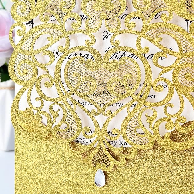 Hosmsua 50PCS Blank Wedding Invitation Cards 5 x 7.3 Inch Gold Laser Cut Hollow - Image 6
