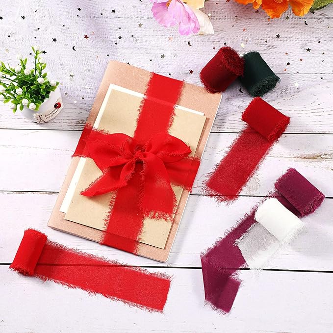 6 Rolls Handmade Fringe Chiffon Silk Ribbon 1.5" x 3 Yd Colorful Ribbon - Image 5