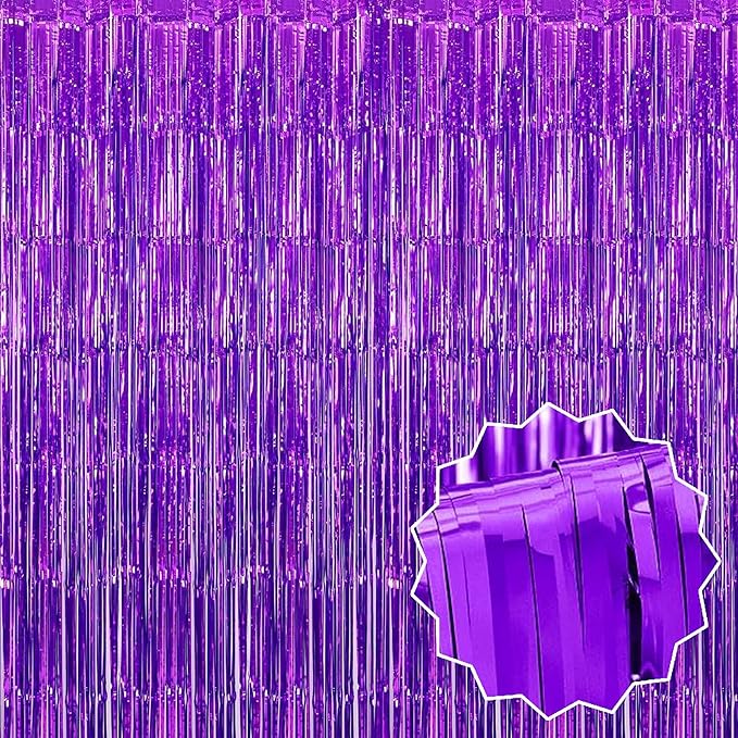 6 Pack Purple Foil Fringe Curtains Backdrop, 3.28 x 8.2 Ft Metallic Streamers by LANTIANCHEN