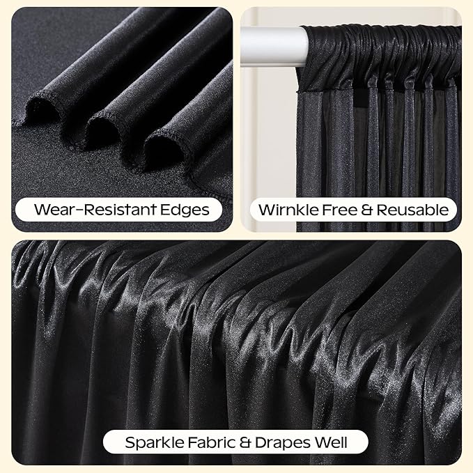 Black Glitter Backdrop Curtain for Parties Wedding, 10Ft x 10Ft Satin Shimmer - Image 2