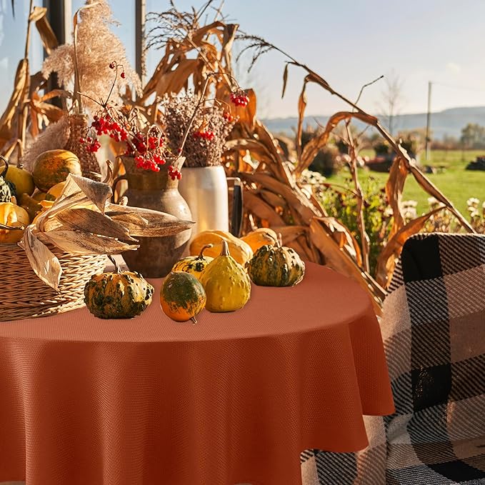 Biscaynebay Fall Tablecloth Textured Fabric Round Tablecloths 90", Rust - Image 6