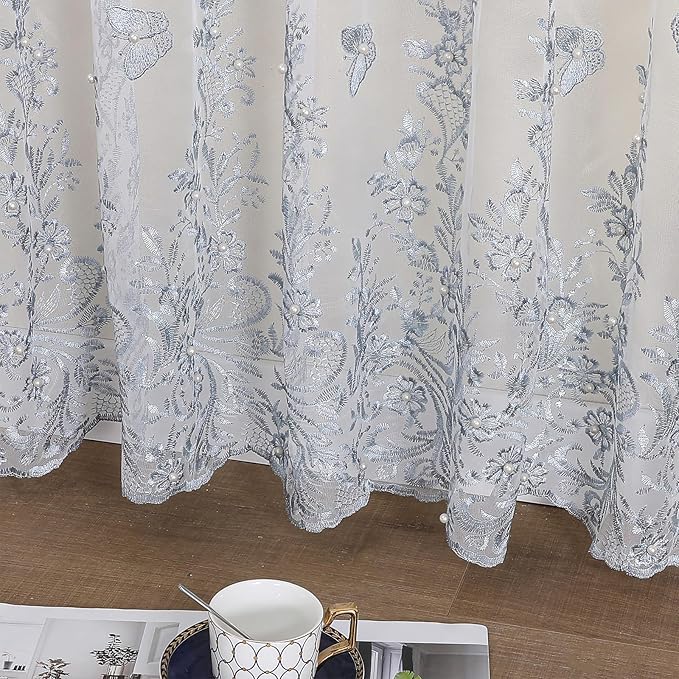 VISIONTEX White Sheer Voile Curtains, Decorative Blue Embossed Butterflies Rod - Image 4