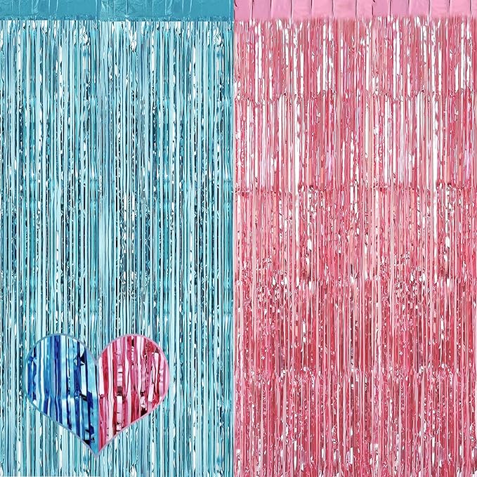4 Pack 3.2Ft x 6.6Ft Pink Blue Fringe Curtain Backdrop, Metallic Tinsel Foil by Mebiornt