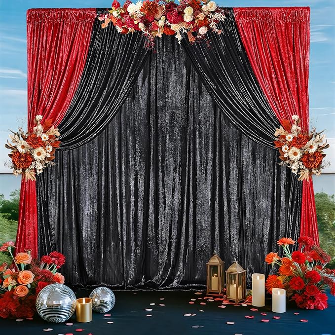 Black Backdrop for Parties 4 Panels 4.8x8FT Sequin Curtains Backdrop Drapes - Image 2