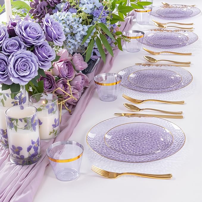Rubtlamp 350 Pcs Clear Purple Plastic Plates, Hammered Party Plates Set - Image 7