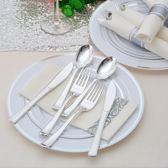 100 Pack Pre Rolled Silver Plastic Silverware Set - Image 2