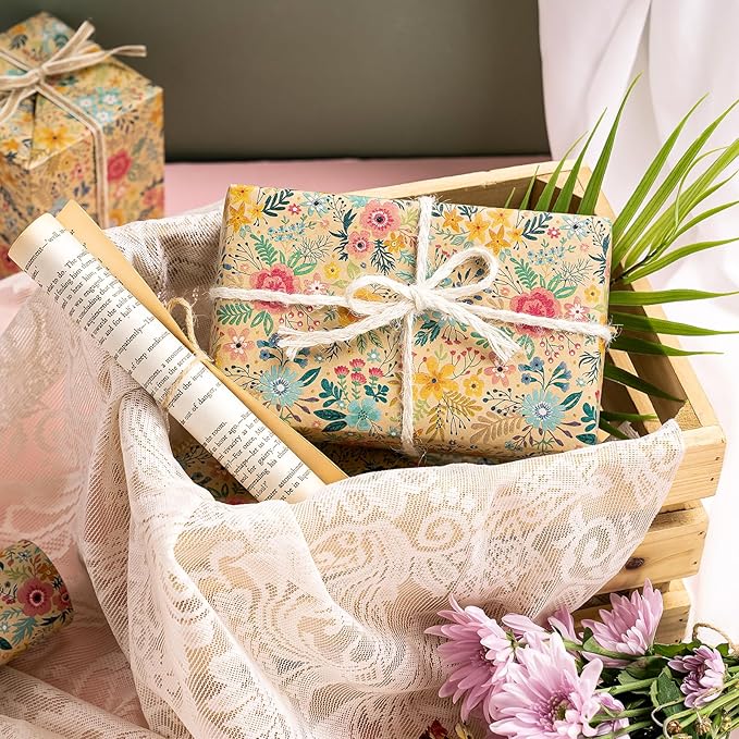 WRAPAHOLIC Kraft Floral Wrapping Paper Roll - Image 4