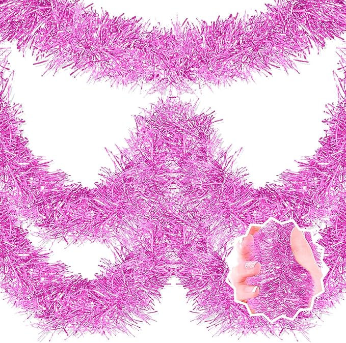 50 Feet Macaron Pink Christmas Tinsel Garland, Metallic Foil Twist Banner Wall by LANTIANCHEN