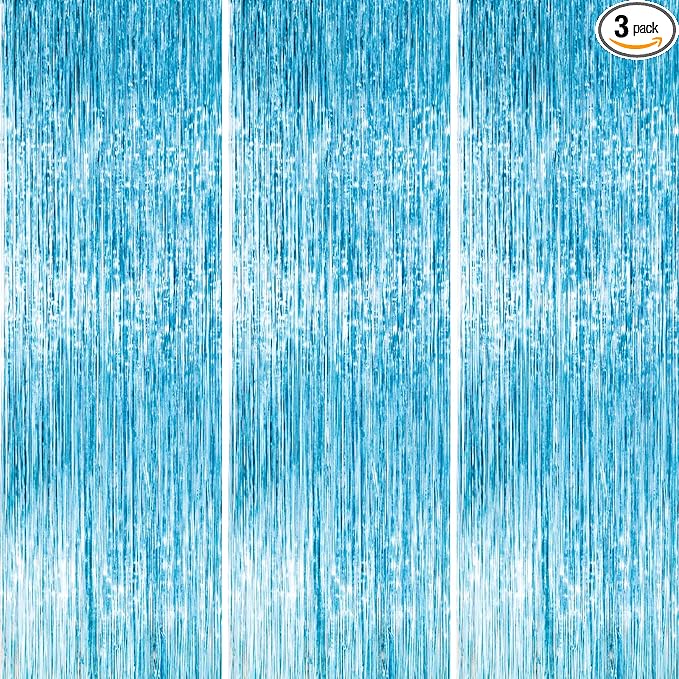 PartyWoo Light Blue Streamers Backdrop 3pcs Baby Blue Foil Fringe Streamer by PartyWoo